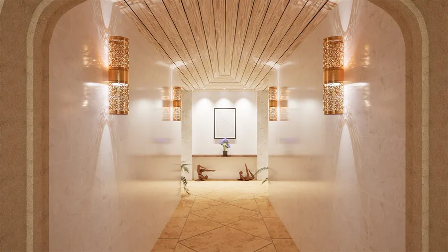 Photorealistic render of a guest hallway at Hotel Old Trees, with a framed map artwork and decorative sculptures in an alcove.